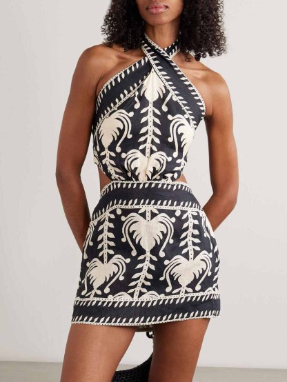 Retro Palm Leaf Print Backless Mini Dress