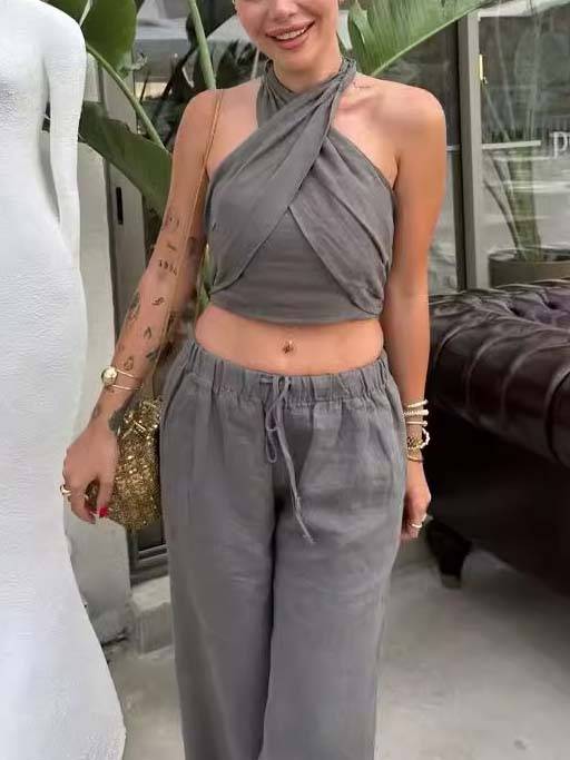 Cross Halter Tank Top And Wide Leg Pants Suit-Pants