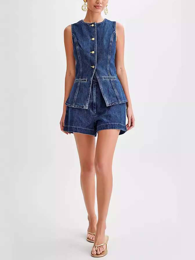 Minimalist Old Money Style Denim Vest And Shorts Suit