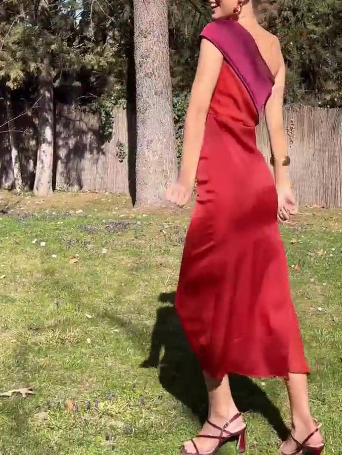 Contrast Color Off-shoulder Satin Dress