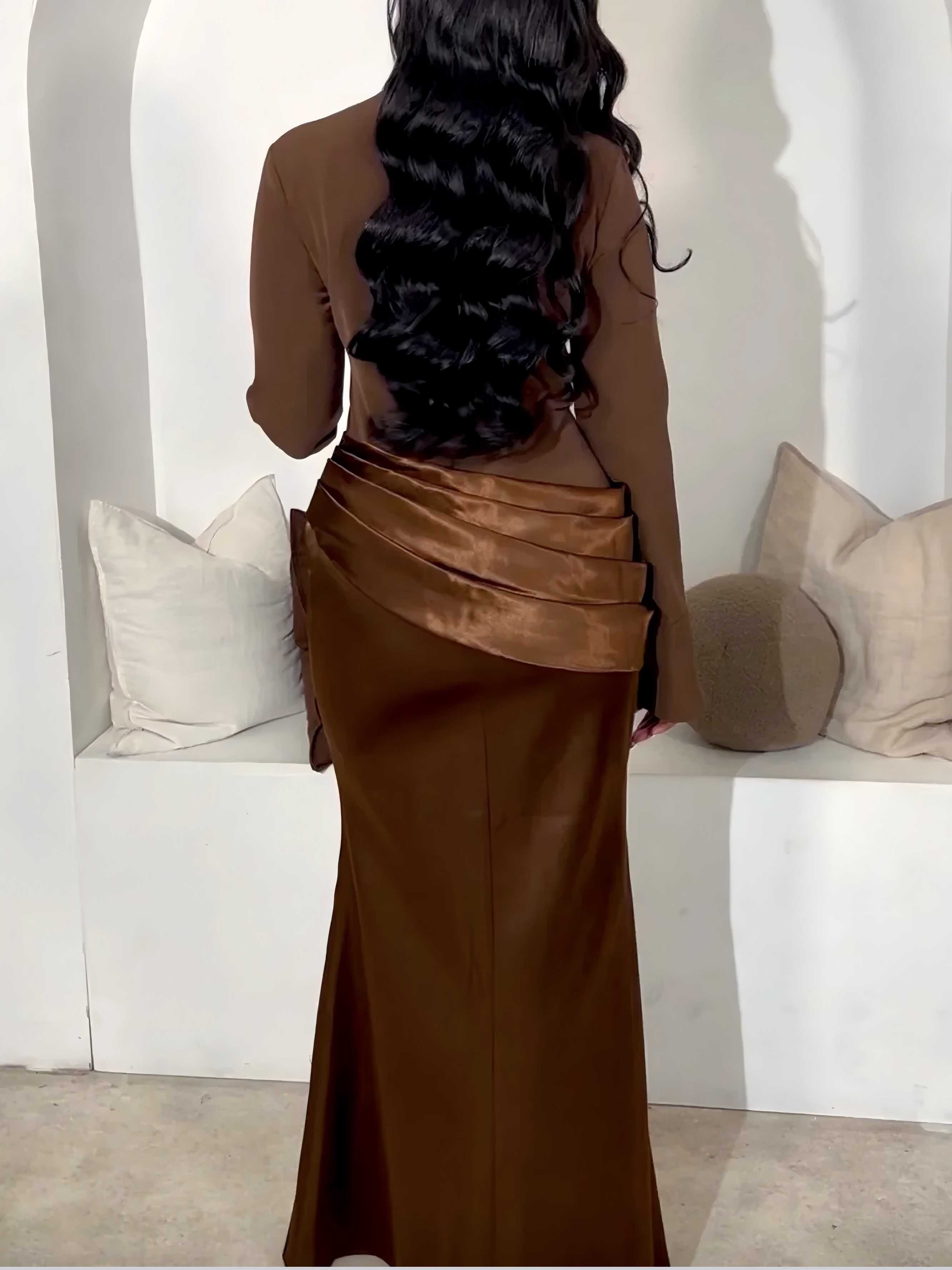 Elegant Long-Sleeved Draped Satin Maxi Dress