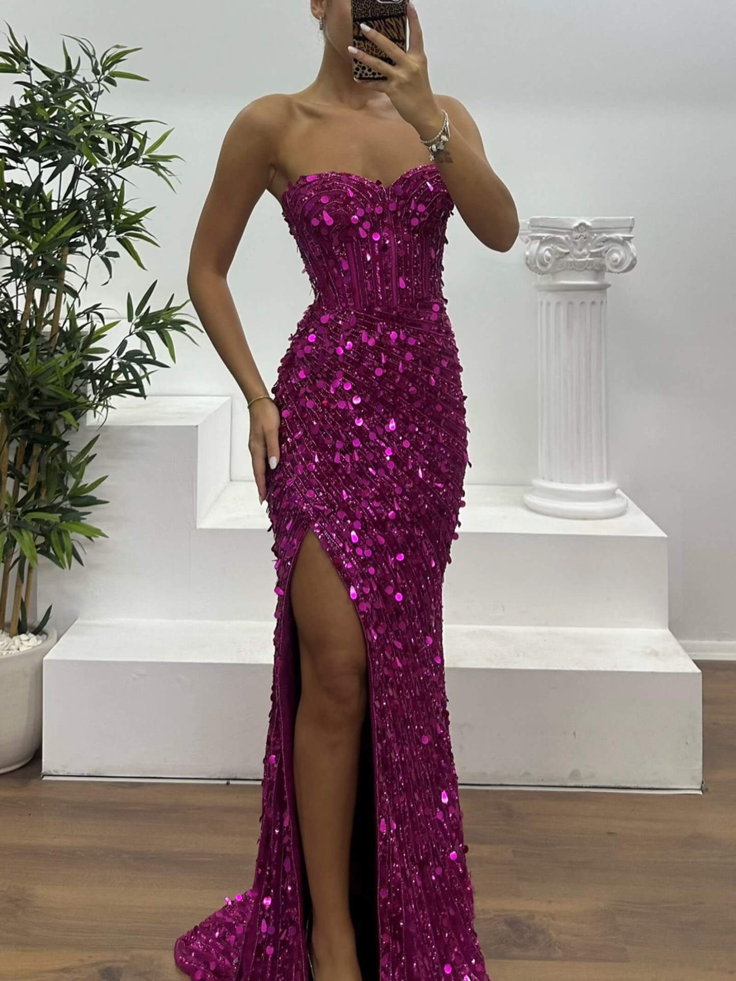 Off-The-Shoulder Sequined Side-Slit Gown Dress