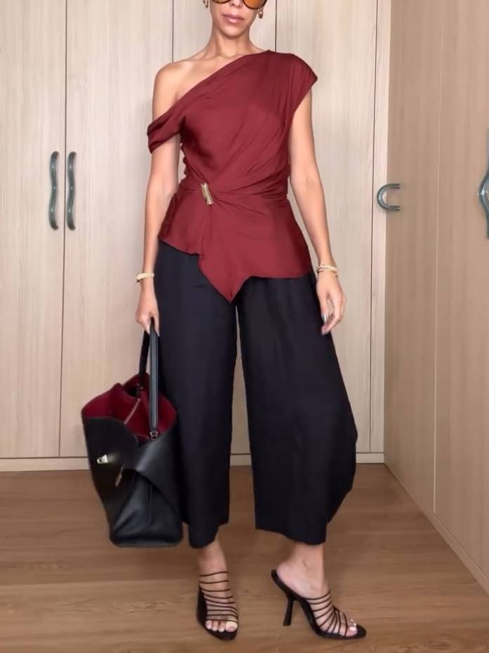 Off-shoulder Irregular Hem Shirt And Wide-leg Pants Suit - Pants