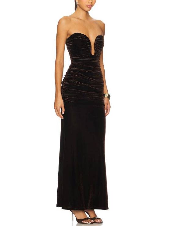 Tube Top Pleated Velvet Maxi Dress