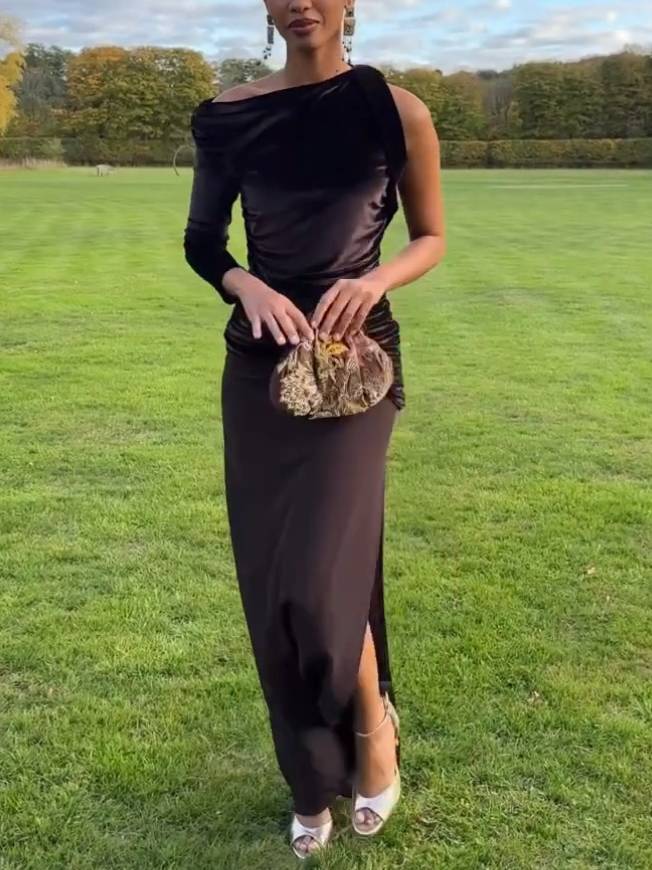 Single-sleeve Velvet-spliced Side Slit Maxi Dress