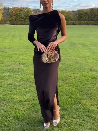 Single-sleeve Velvet-spliced Side Slit Maxi Dress