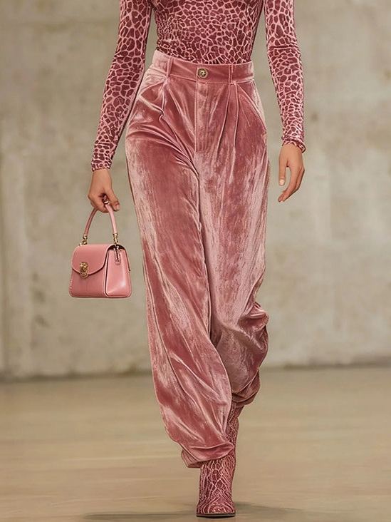 Casual Velvet Pocket Wide-Leg Pants