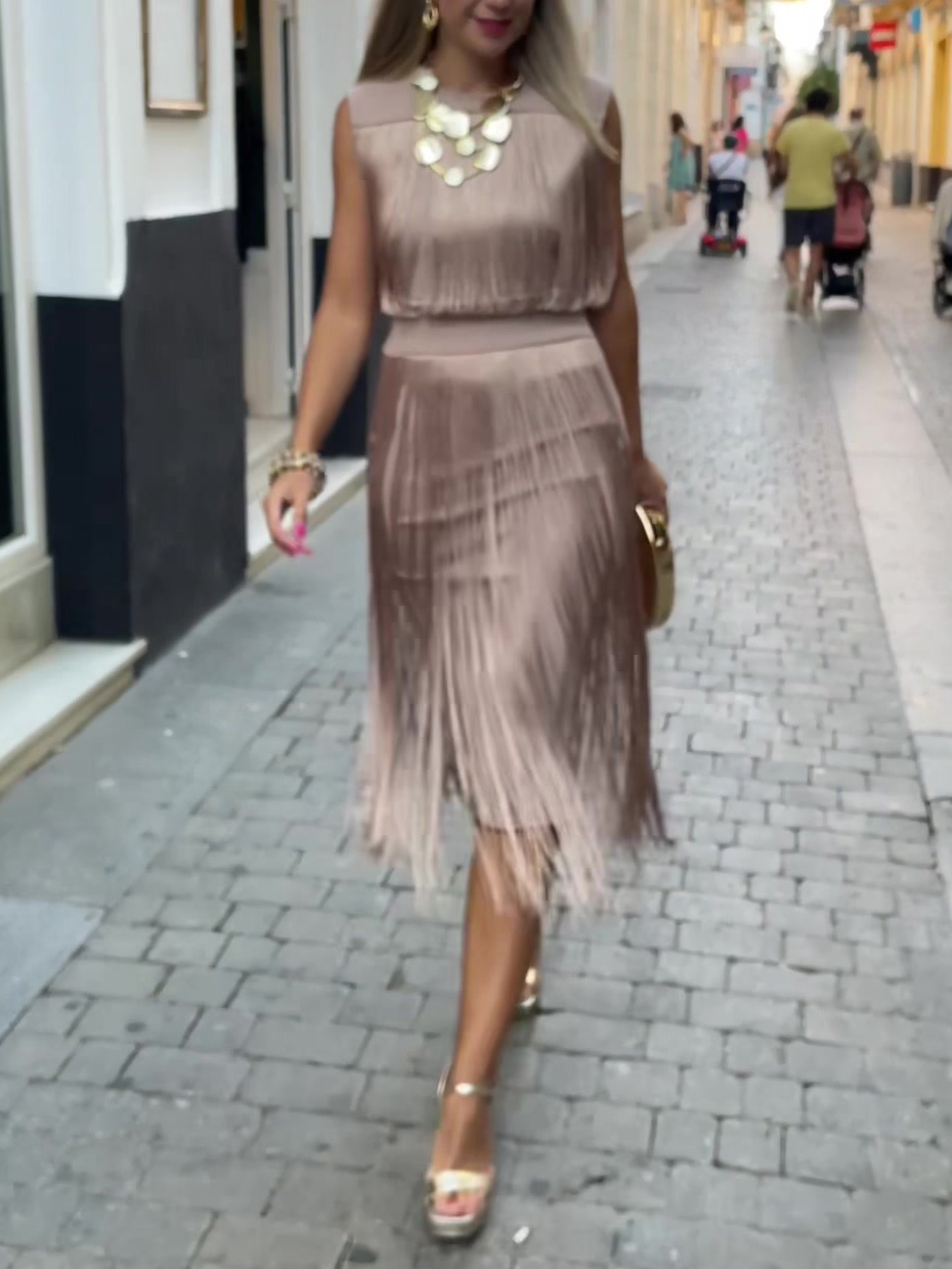 Elegant Sleeveless High Waist Slim Tassel Midi Dress