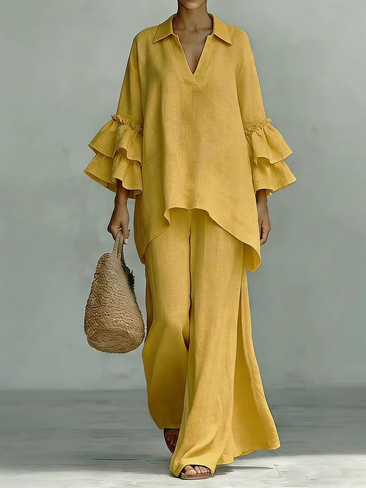 Casual Ruffle Sleeve V-Neck Top & High Waist Wide Leg Pants Set