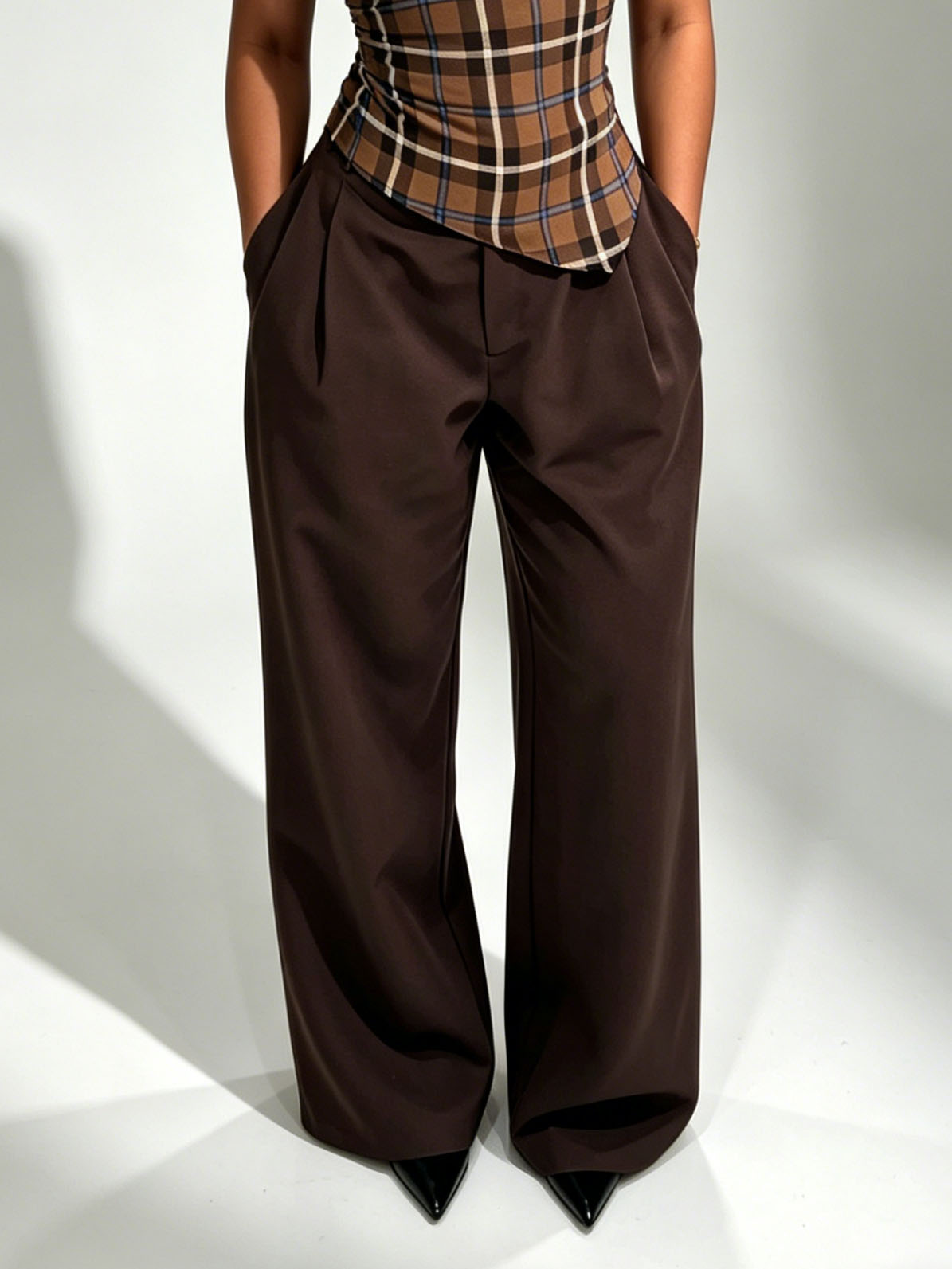 Casual Plaid Pleated Top And Wide-Leg Pants Set