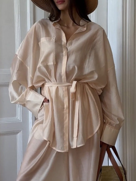 Elegant Belted Sheer Long-Sleeved Shirt