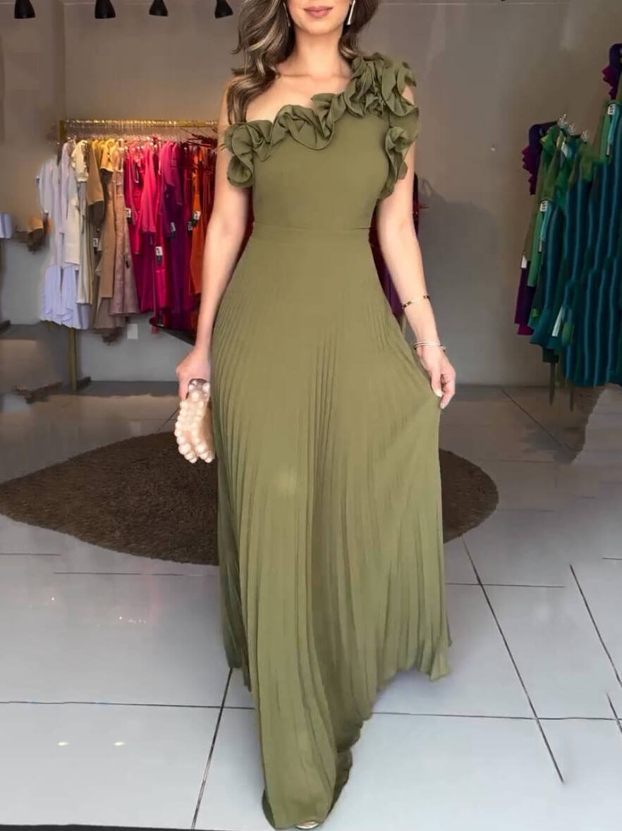 One-Shoulder Ruffled Lace Dress