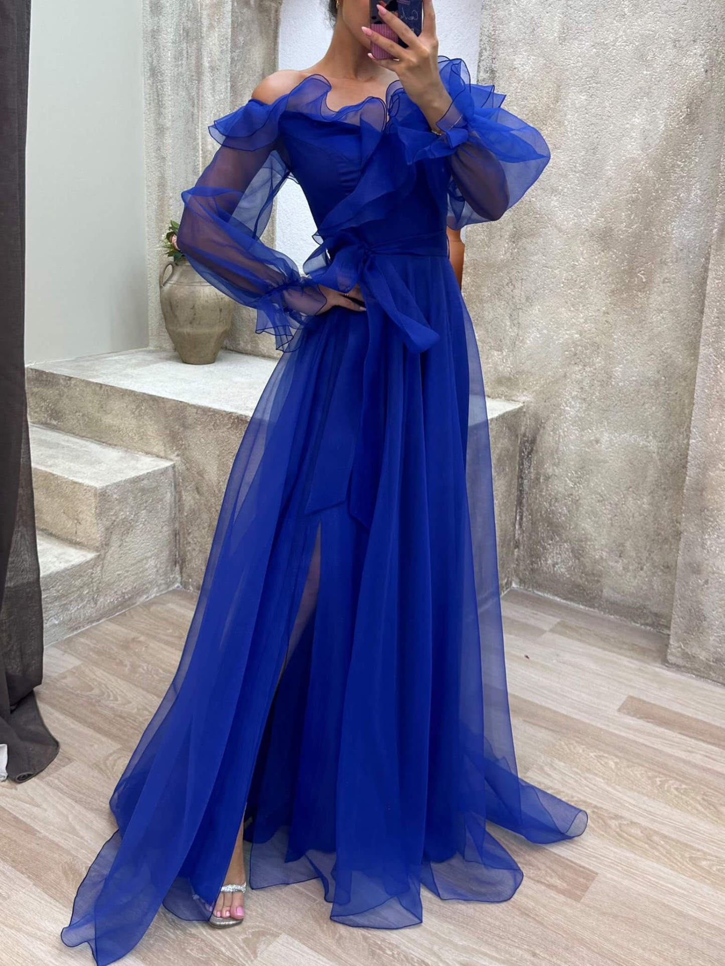 Off-The-Shoulder Ruffled Lantern Sleeve Drawstring Tulle Dress