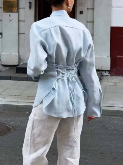 Minimalist Stand-up Collar Ribbon Back Lace-up Shirt and Wide Leg Pants Set-Pants