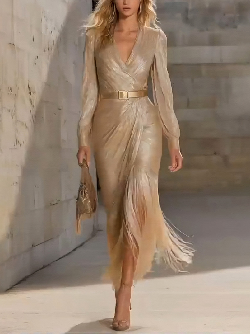 Elegant Tassel Wrap-around Slim-fit Maxi Dress