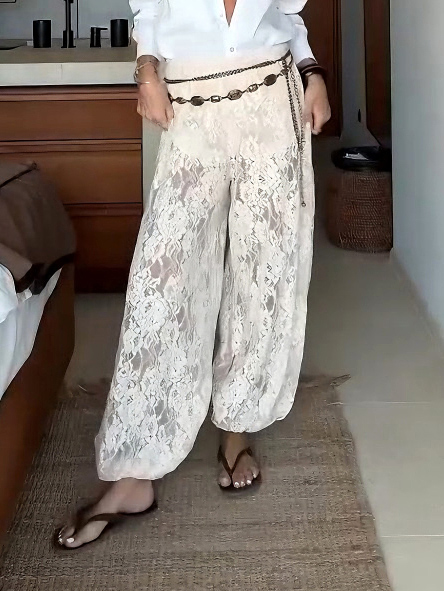 Elegant Sheer Lace High-Waist Harem Pants