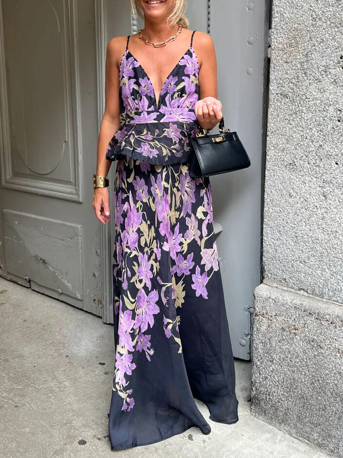 Elegant Printed Pleated Waist Dress