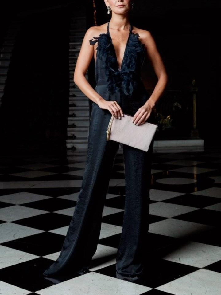 Elegant Open-Back Feather Sexy Satin Jumpsuit