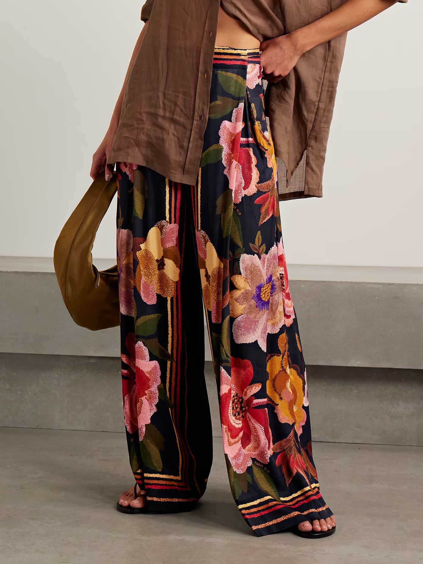 Exquisite Wrap-around Pleated Floral Print Wide-leg Pants