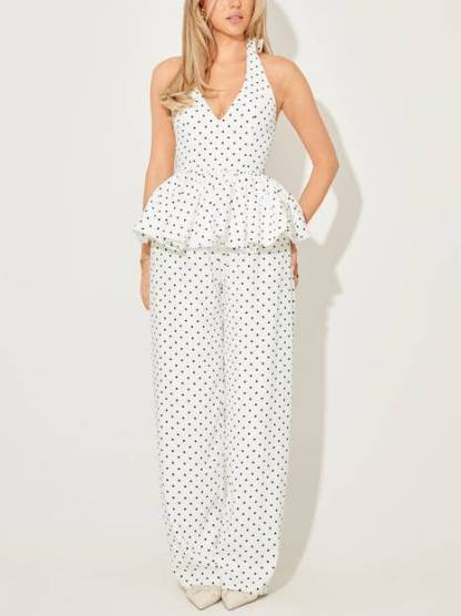 Vintage Polka Dot Halterneck Lace-up Top And Wide Leg Pants Suit-Pants