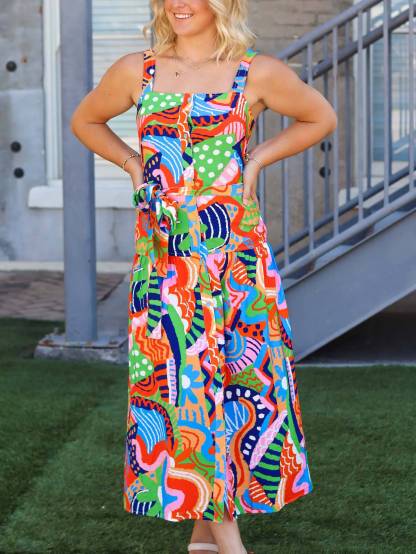 Suspender Printed Midi Dress