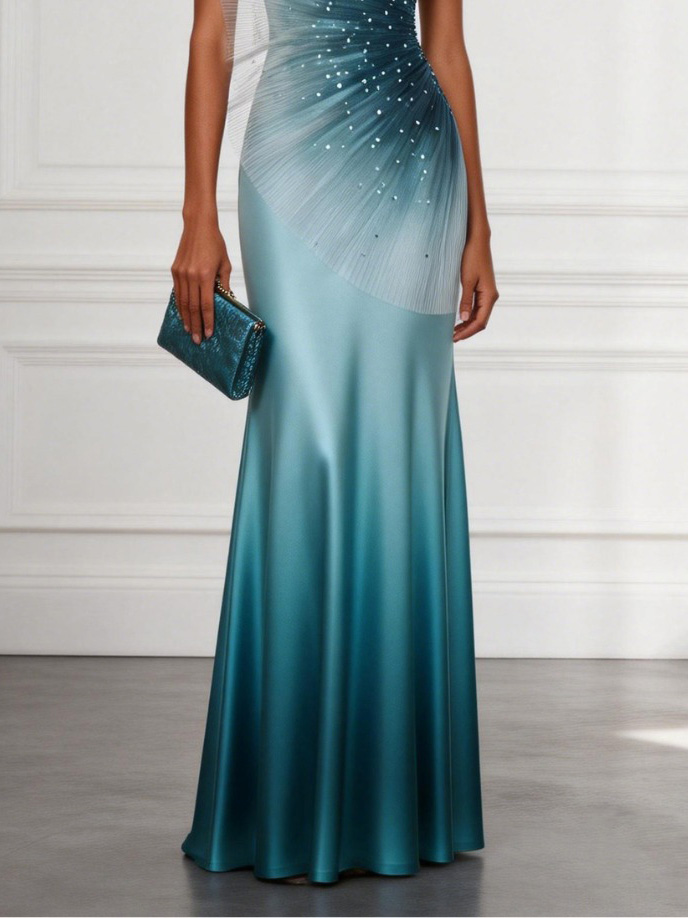 Elegant Gradient One-Shoulder Tulle  Satin Maxi Dress