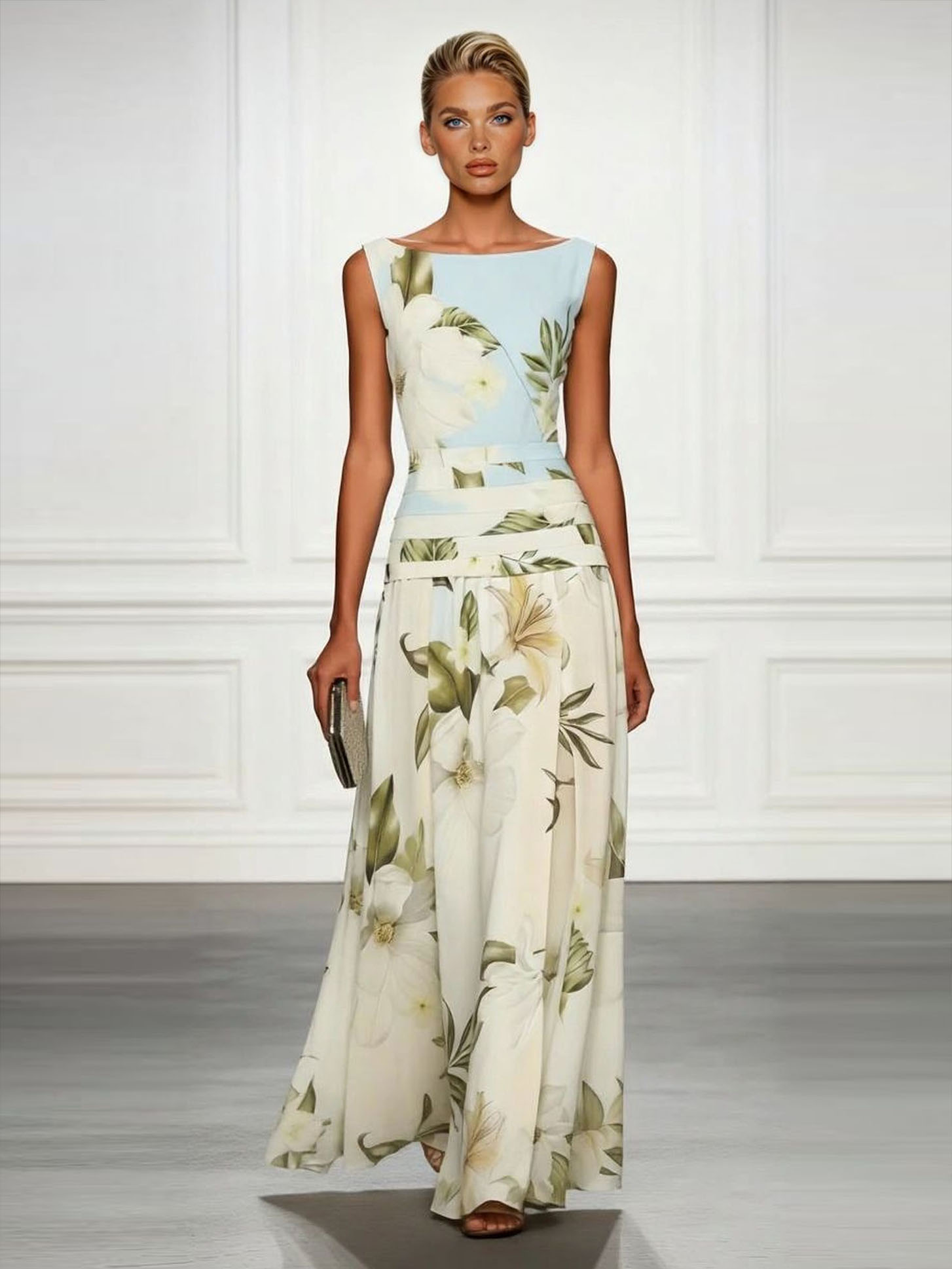 Fresh Sleeveless Boat Neck Printed Party Maxi Dress