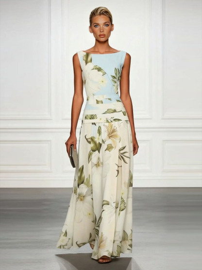 Fresh Sleeveless Boat Neck Printed Party Maxi Dress