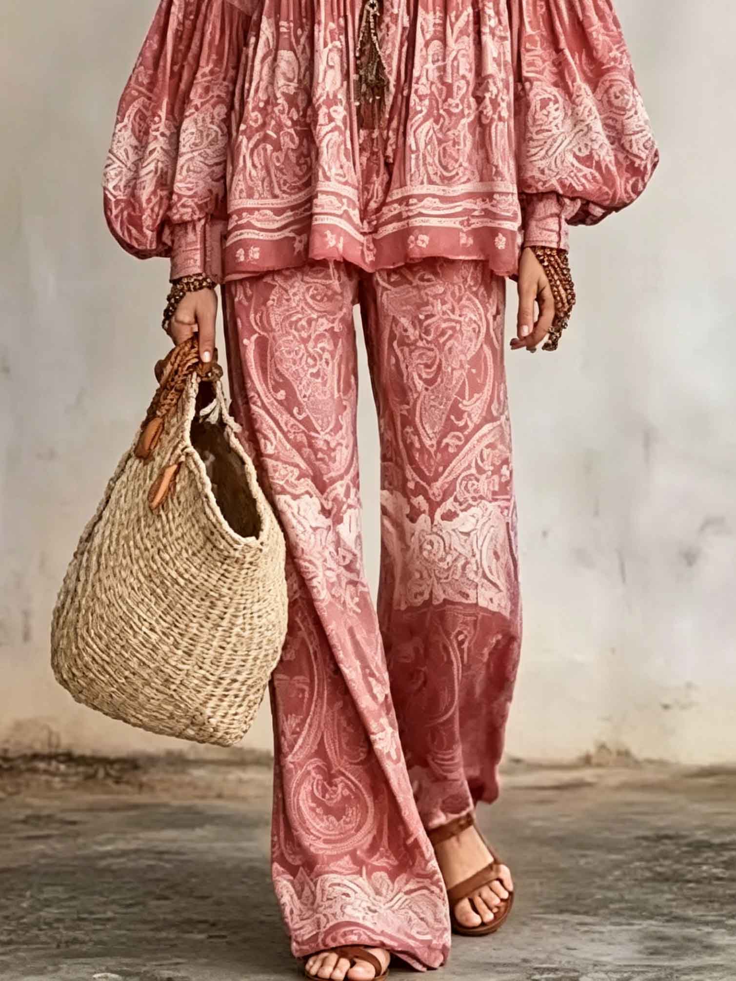 Bohemian Paisley Print Balloon Sleeve Blouse & Pants Two-Piece Set