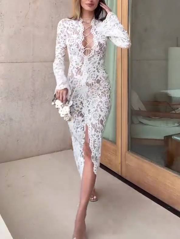 V-Neck Tie-strap Lace Dress