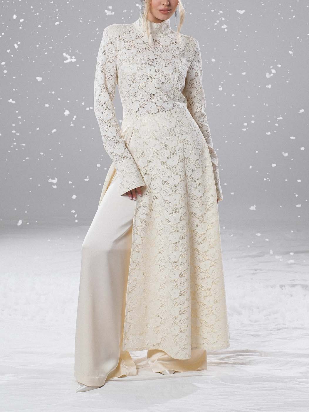 Elegant High-neck Lace Robe & Trousers Two-piece Set