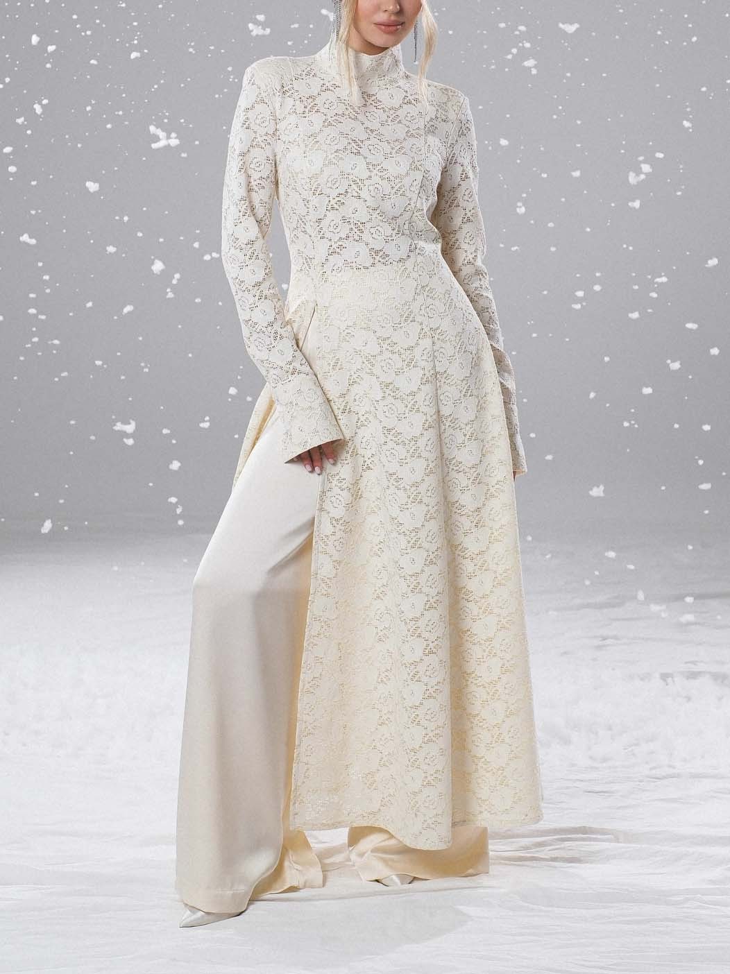 Elegant High-neck Lace Robe & Trousers Two-piece Set