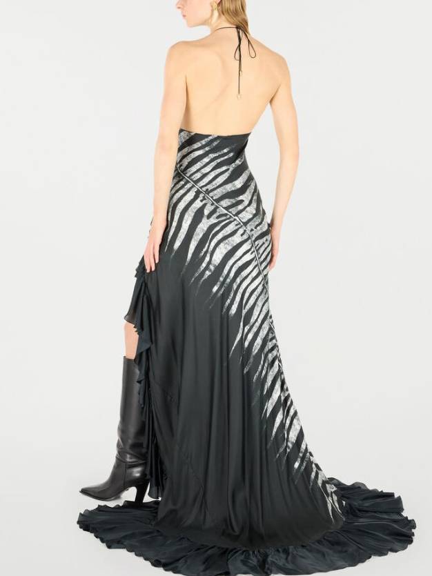 Zebra-Print Irregular Hem Sling Maxi Dress