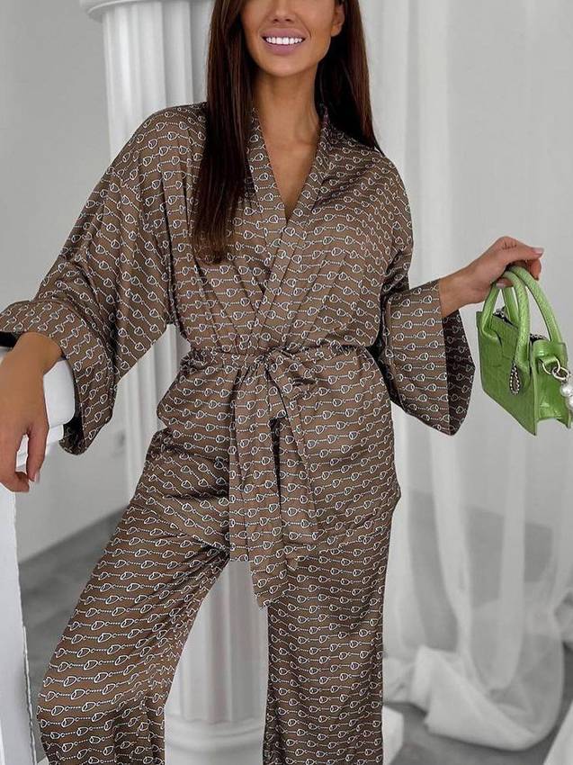 Printed Cardigan Nightgown Pants Home Wear