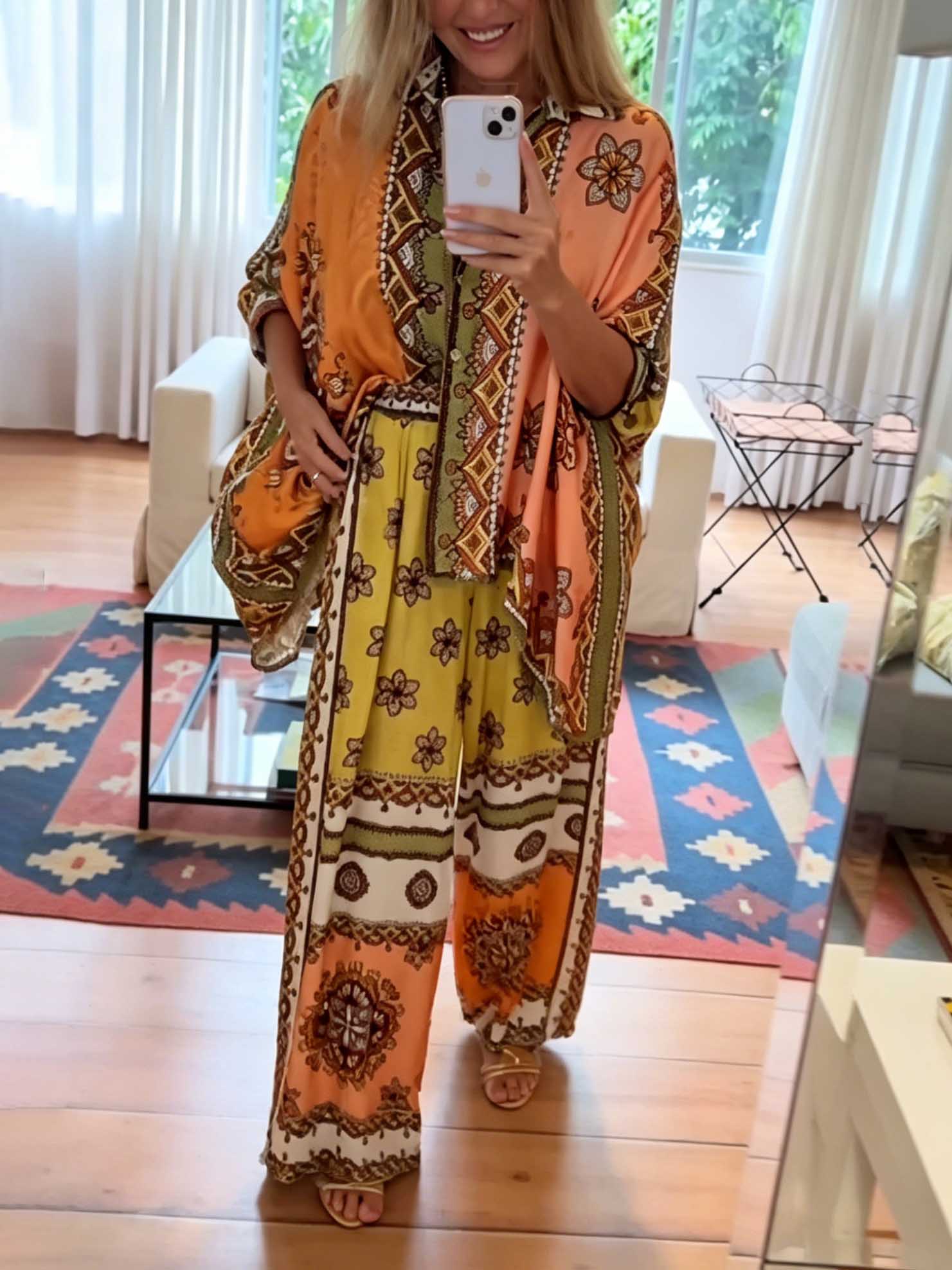 Unique Satin Paisley Print Batwing Sleeve Shirt & Trousers Two-piece Set