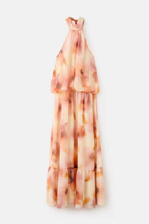 Halter-Neck Lace-Up Printed Maxi Dress