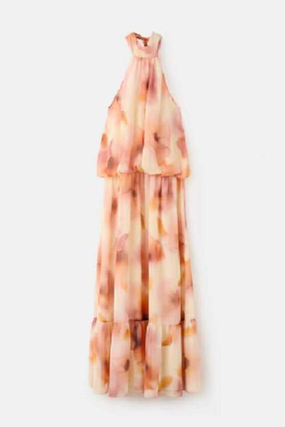 Halter-Neck Lace-Up Printed Maxi Dress