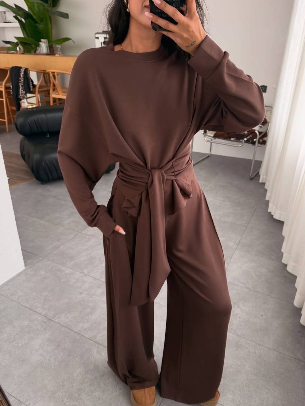 Lace-Up Design Pullover And Wide Leg Pants Suit