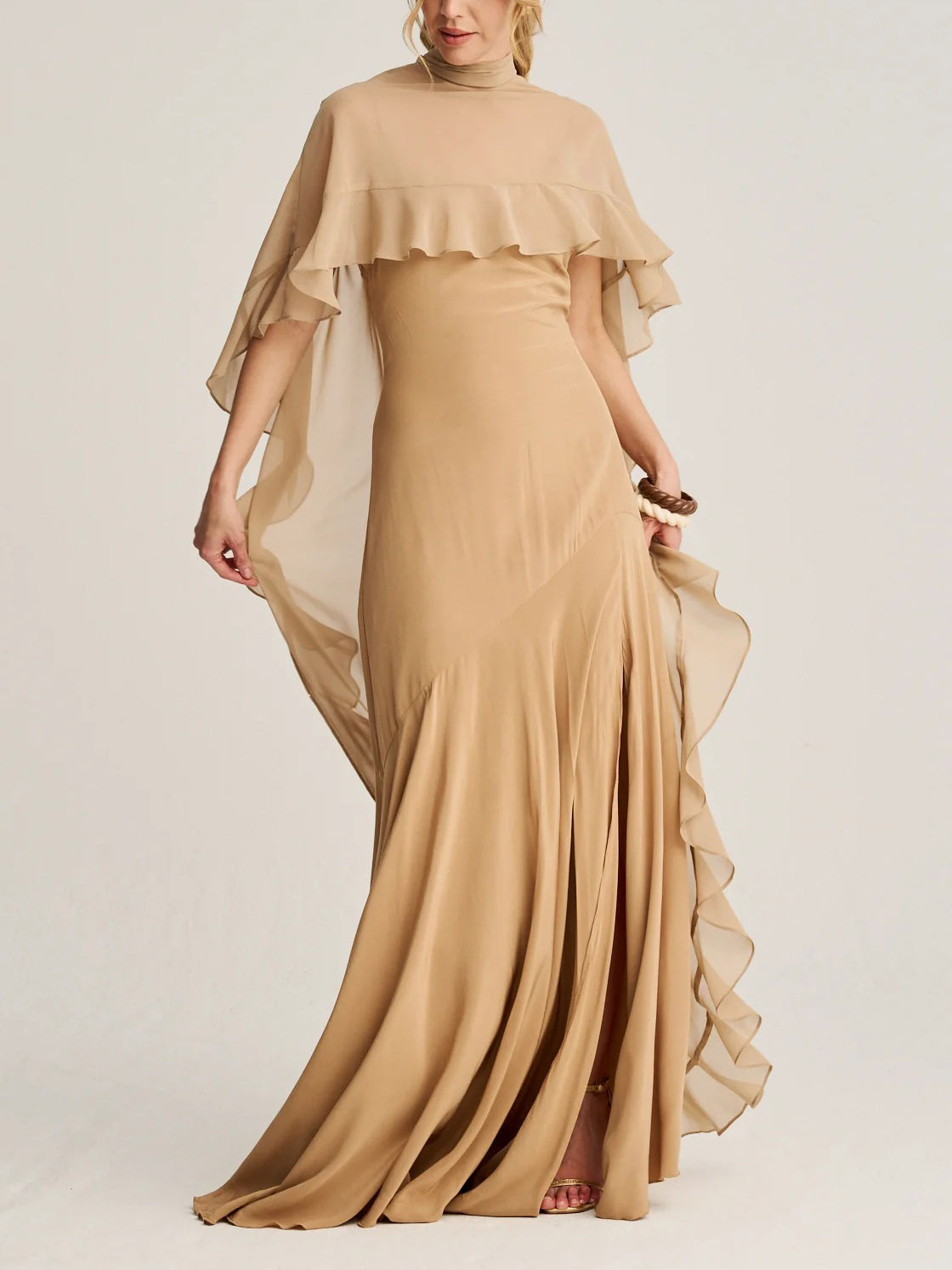 Elegant High Neck Ruffle Cape Maxi Dress