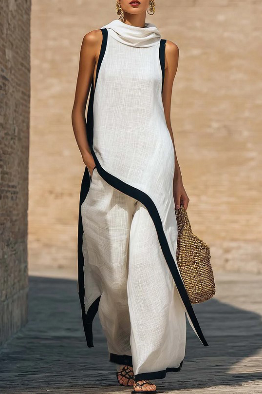 Color Contrast Design Irregular Hem Top And Wide Leg Pants Set