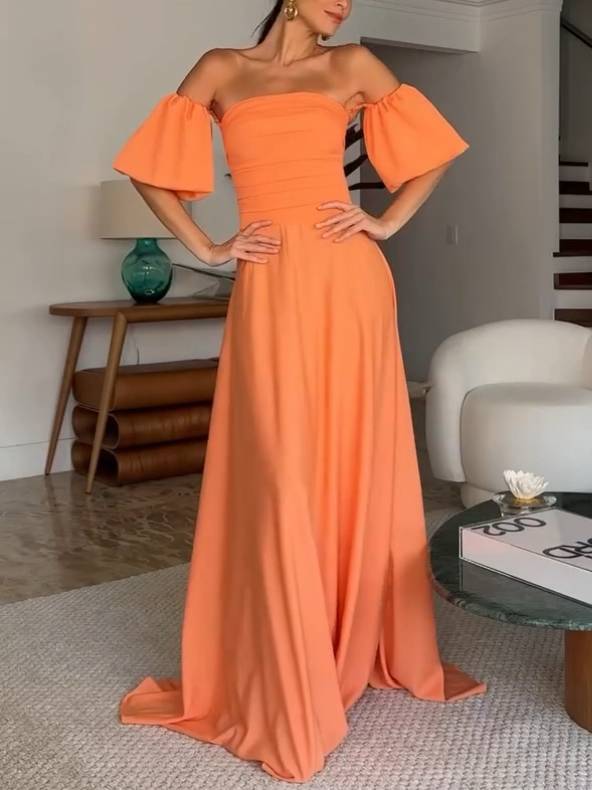 Pleated Tube Top Puff sleeves Maxi Dress