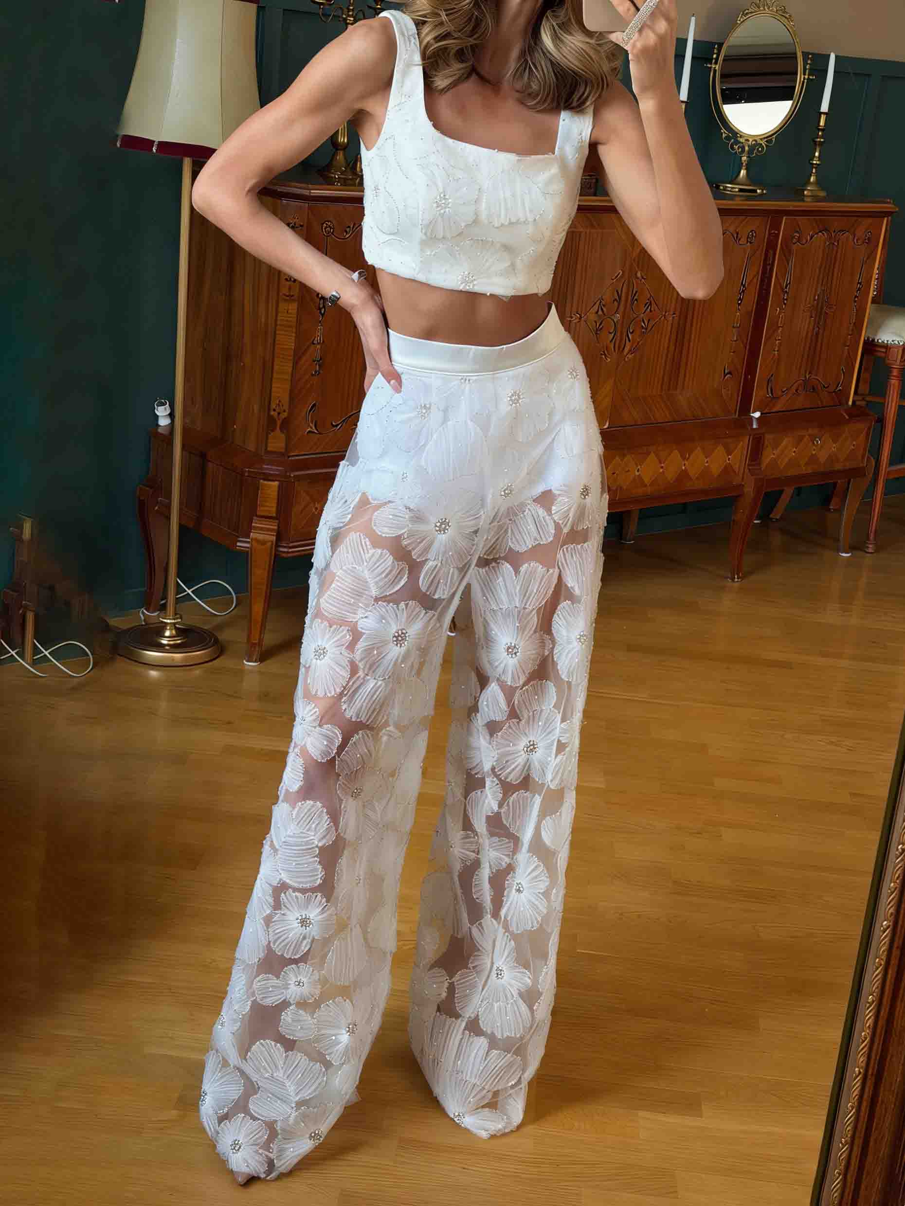 Elegant Lace Embroidered Sheer & Wide-Leg Pants Two-Piece Set