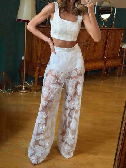 Elegant Lace Embroidered Sheer & Wide-Leg Pants Two-Piece Set
