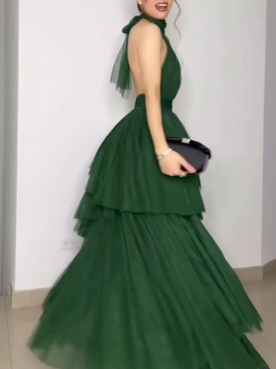 Elegant Halter Neck Mesh Layered Maxi Dress