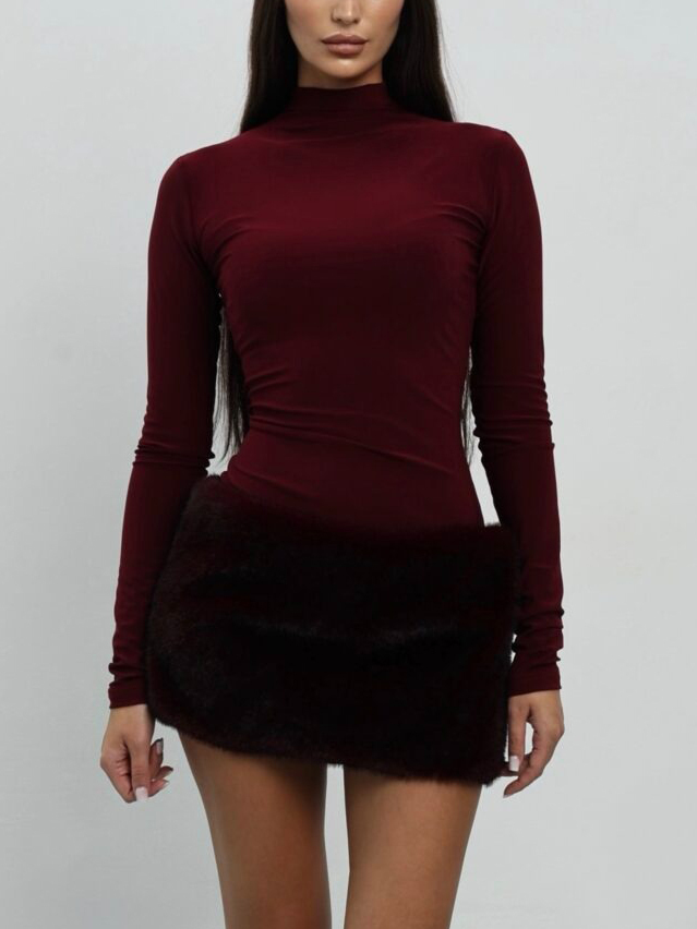 Elegant High-neck Knitted Faux Fur Mini Dress