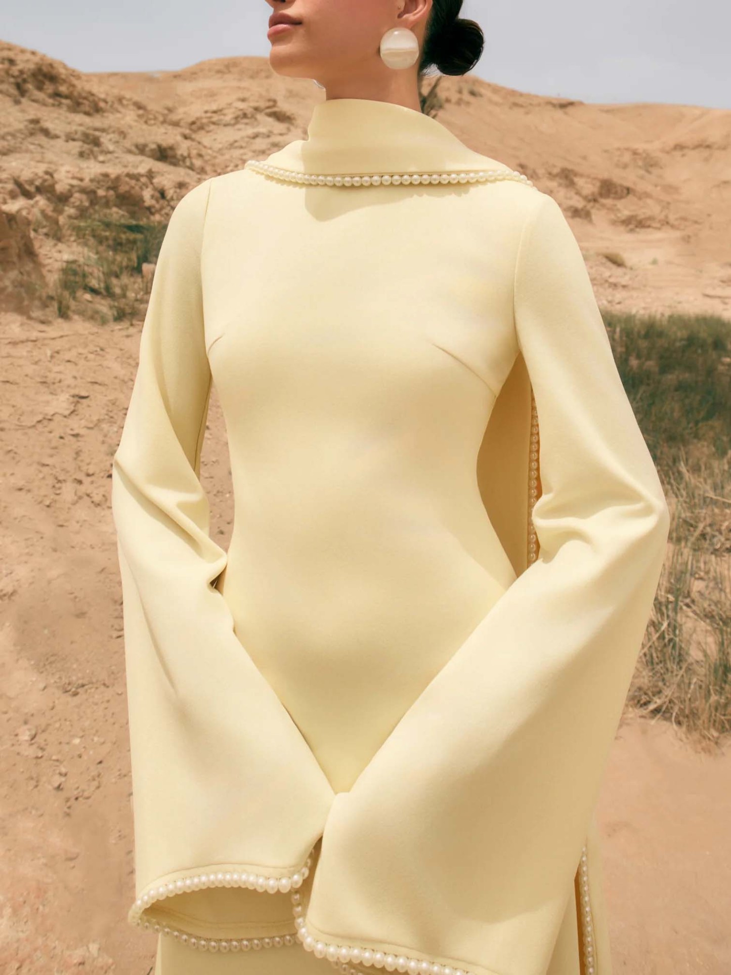 Elegant Pearl-Trimmed Cape Sleeve Maxi Dress