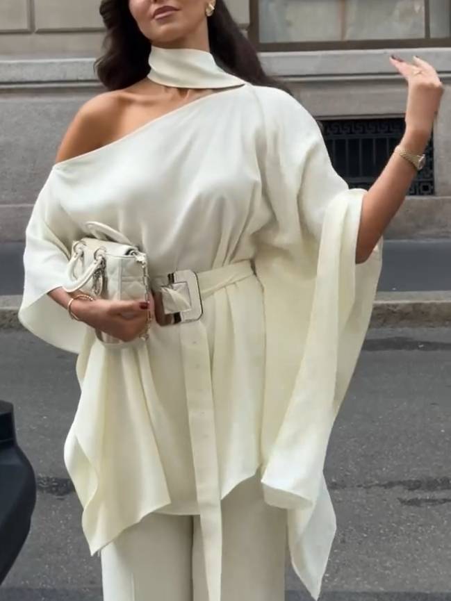 Off-shoulder Belt Shirt And Wide Leg Pants Set