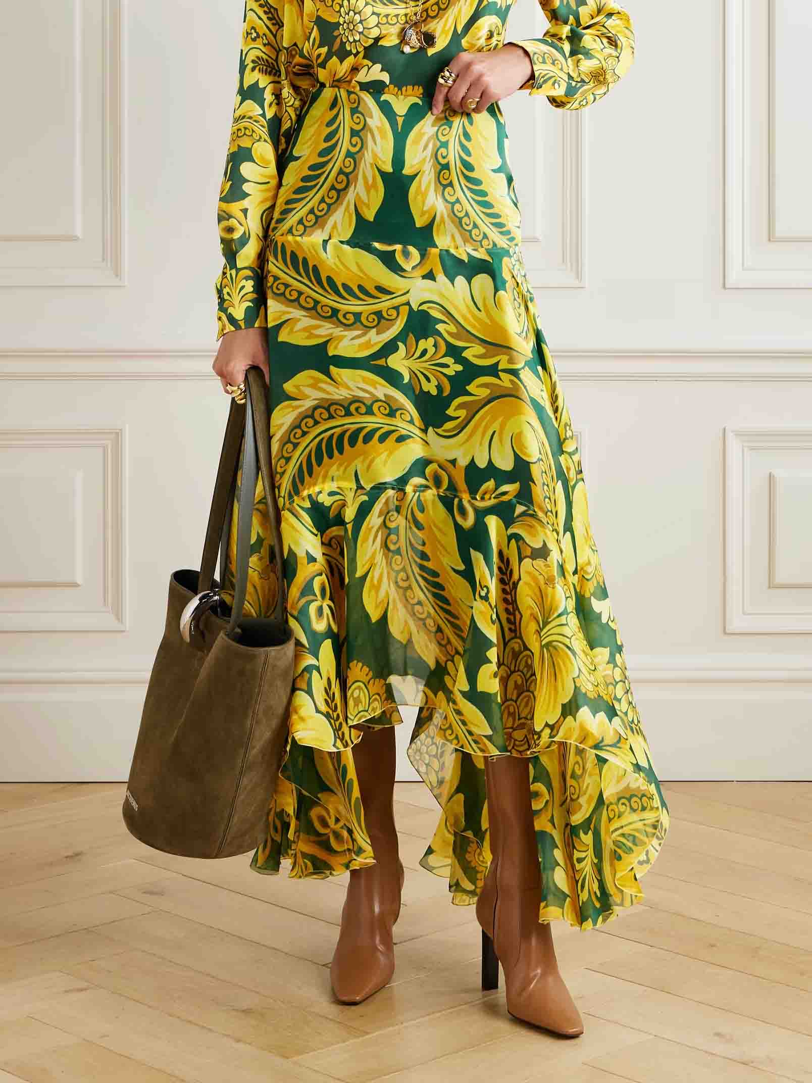 Exquisite Acanthus Leaf Floral Print Asymmetric Ruffled Skirt