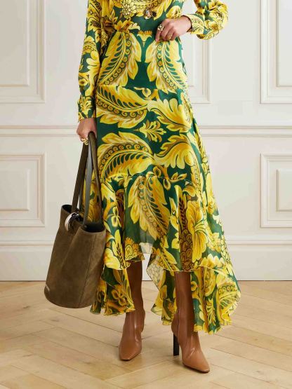 Exquisite Acanthus Leaf Floral Print Asymmetric Ruffled Skirt