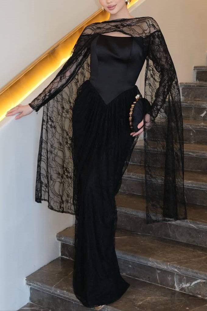 Lace Cape Off-shoulder Long Sleeve Maxi Dress